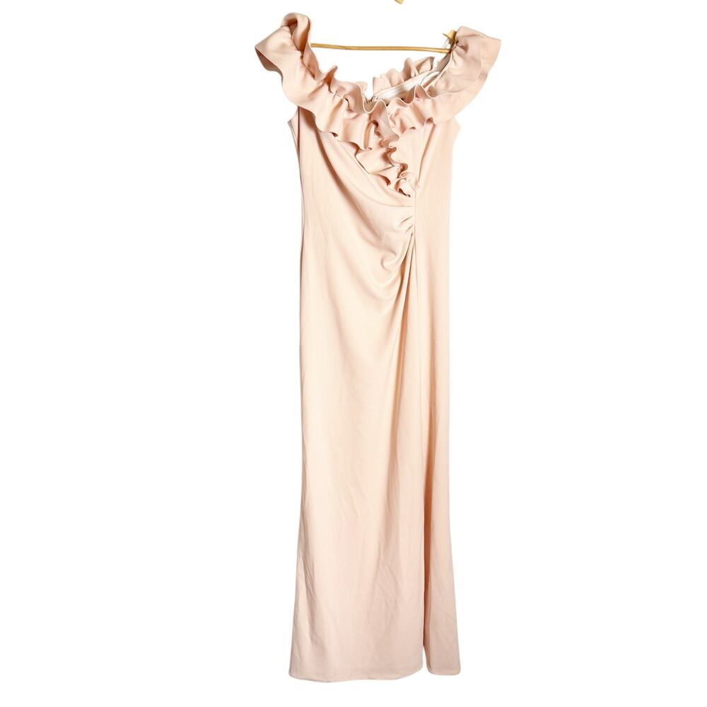 Xscape Blush Pink Long Stretch Scuba Crepe Ruffled Ruched Slit Formal Dress 14 - Picture 2 of 10